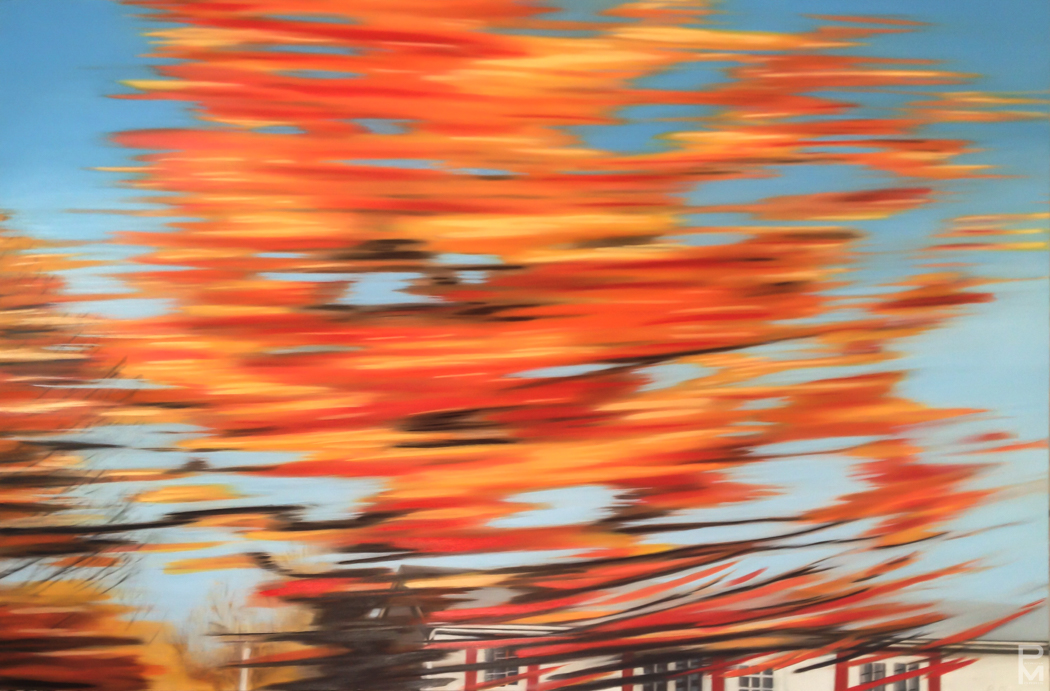 Motion-blurred painting of bright orange and red autumn leaves above a white bungalo with red shutters against a blue sky
