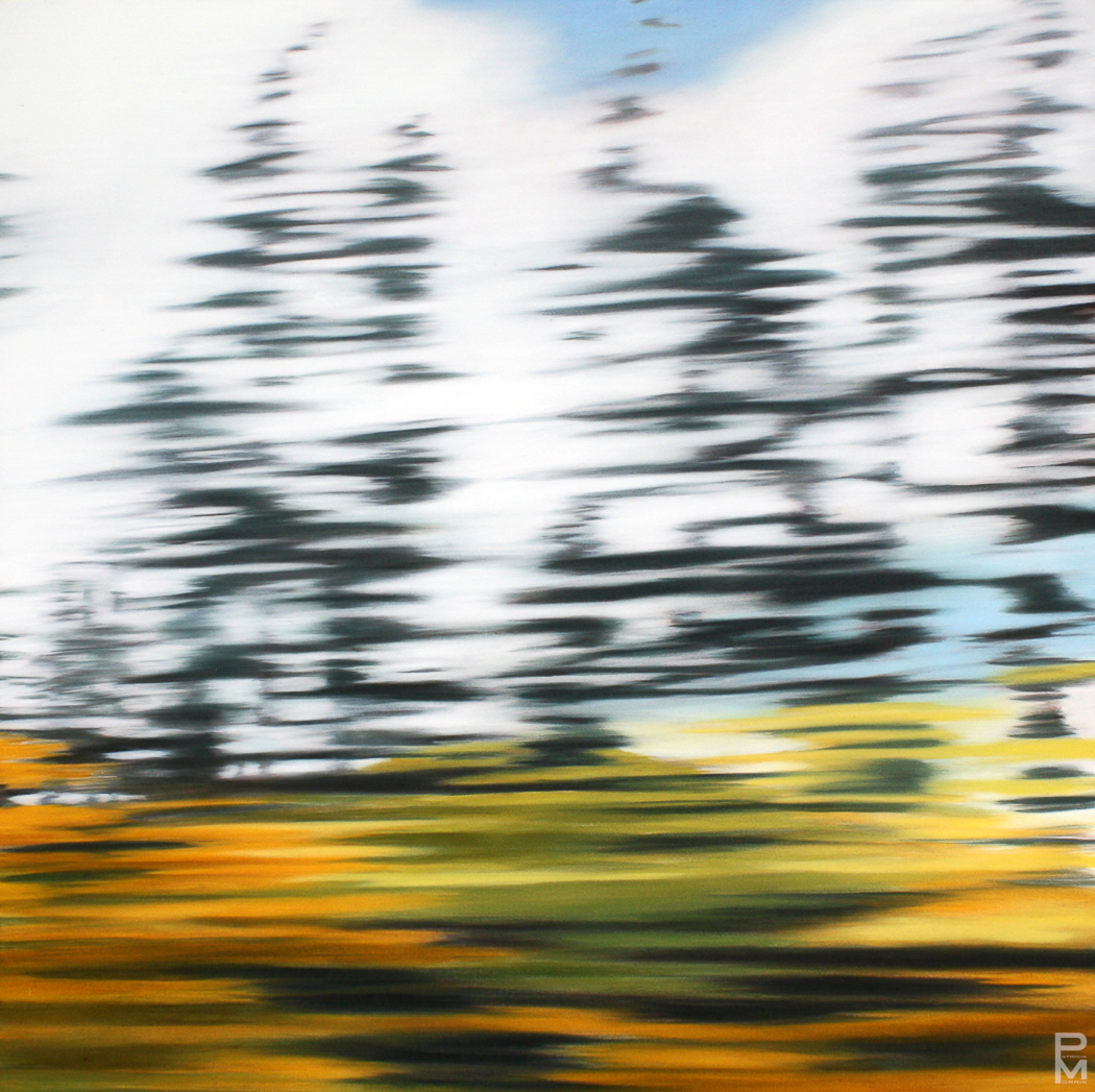 Black and white stylized painting of a highway curving through forest toward a lake